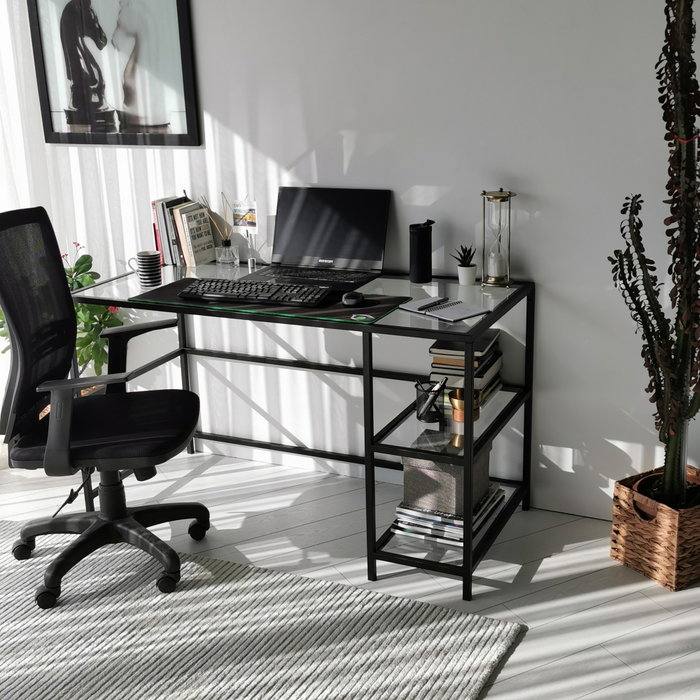 Hanah Home M101 Mesa de Estudio 130x60cm Cristal Templado y Metal Negro Diseño Moderno Industrial